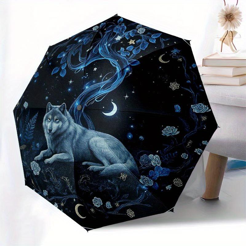 Enchanted Night Wolf Wall Art: Mystical Moonlit DecorUmbrella with Cute Design, Portable 3-Fold Compact Umbrella for Men & Women, Valentine's Day Moth