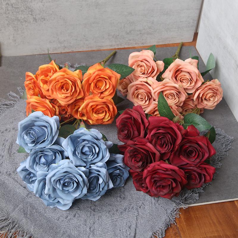 Fiore di Seta Artificiale Arancione, Bouquet di Rose Finte, Oggetti di Scena per Fotografia di Matrimonio, Soggiorno di Casa, Decorazioni Angolo Giardino Rose