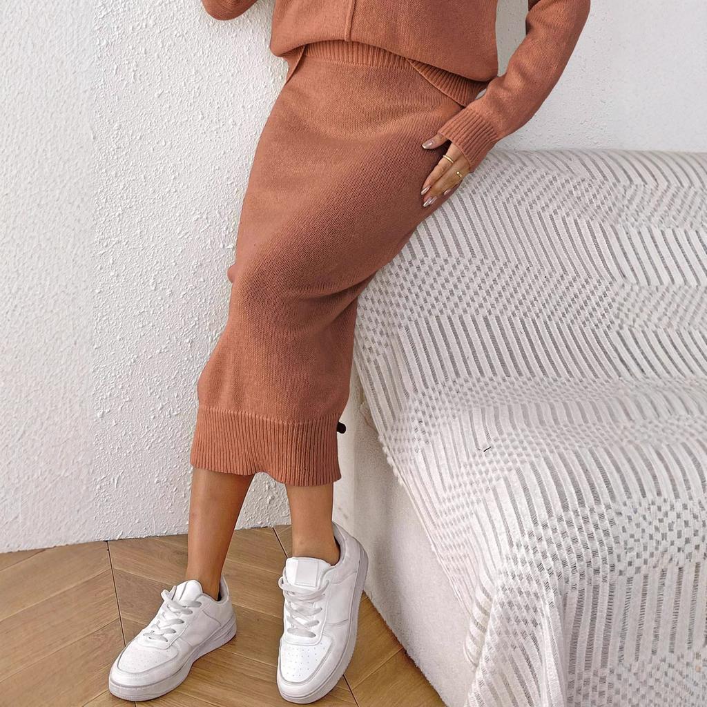 Women's casual commuter hip skirt European and American women's clothing solid color casual skirt woven medium and long sweater skirt