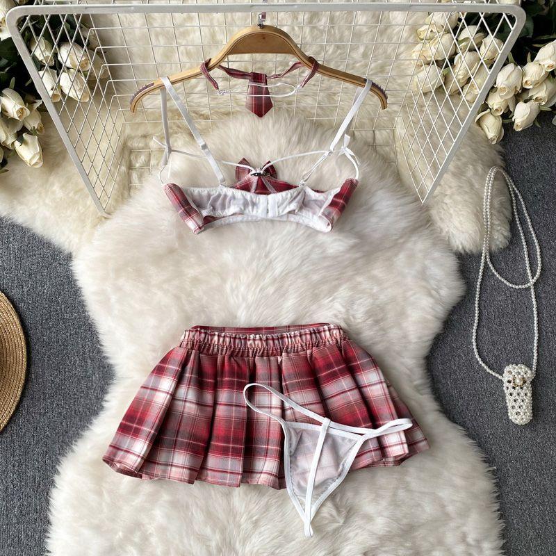 Cute Hollow Bra Plaid Miniskirt Roleplay Student Uniform Temptation Women Cosplay Schoolgirl Costumes Couples Sexy Home Clothing