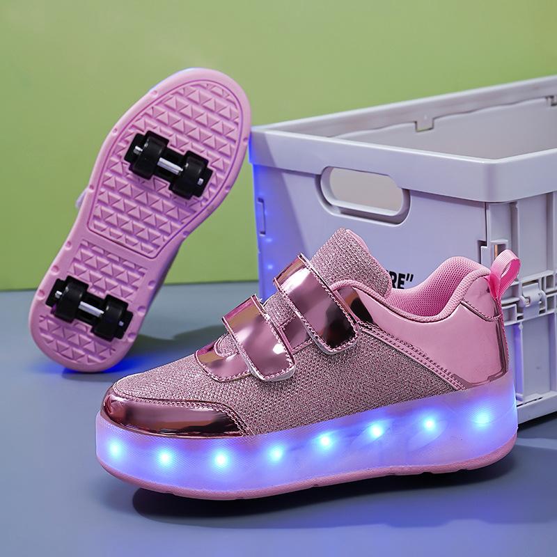 New Runaway Shoes, Girls Four-wheel Pulley Shoes USB Charging Luminous Shoes Skates Invisible Wheels Shoes Double Wheels
