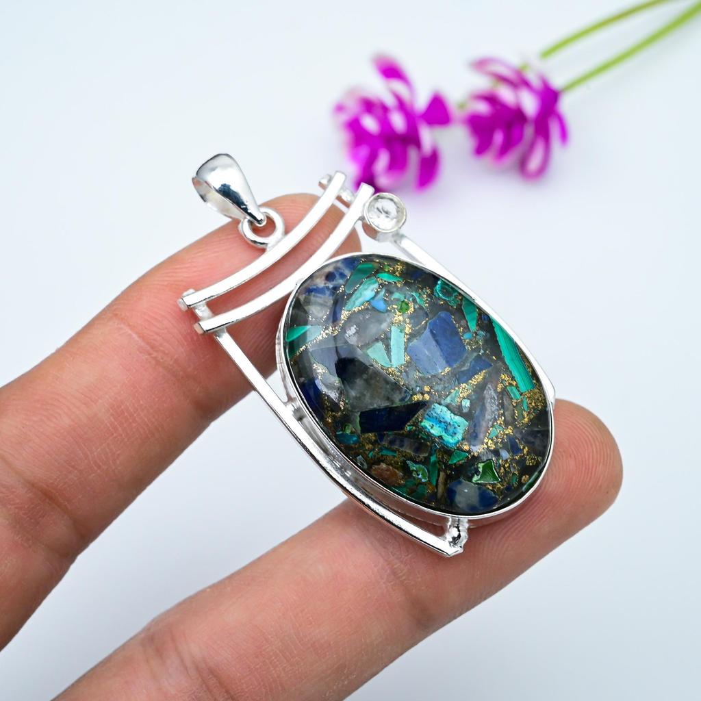 Kobber Azuritt Malakitt, Hvit Topas Anheng, 925 Sterlingsølv Edelstenssmykker, Håndlaget Anheng, For Minnedagen