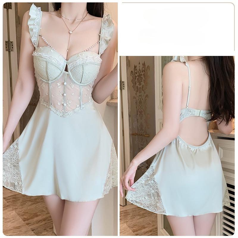 Plus Size Women’s Sexy Push-Up Underwire Sleep Dress Lace Backless Camisole Padded Deep V Nightdress