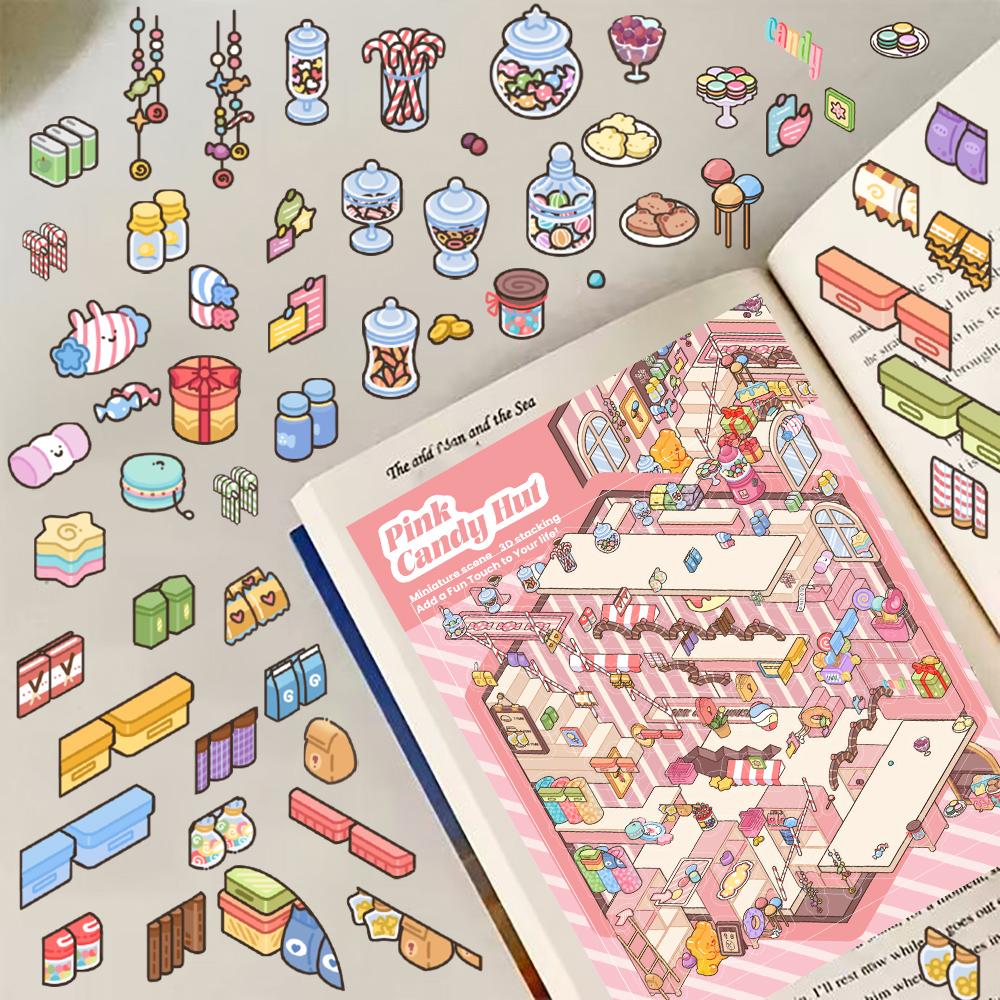 3PCS Pink Candy House Sticker Nostalgia Stacking Cafe Landscape Room Decompression Art Picture Department Y2K Fashion Stickers