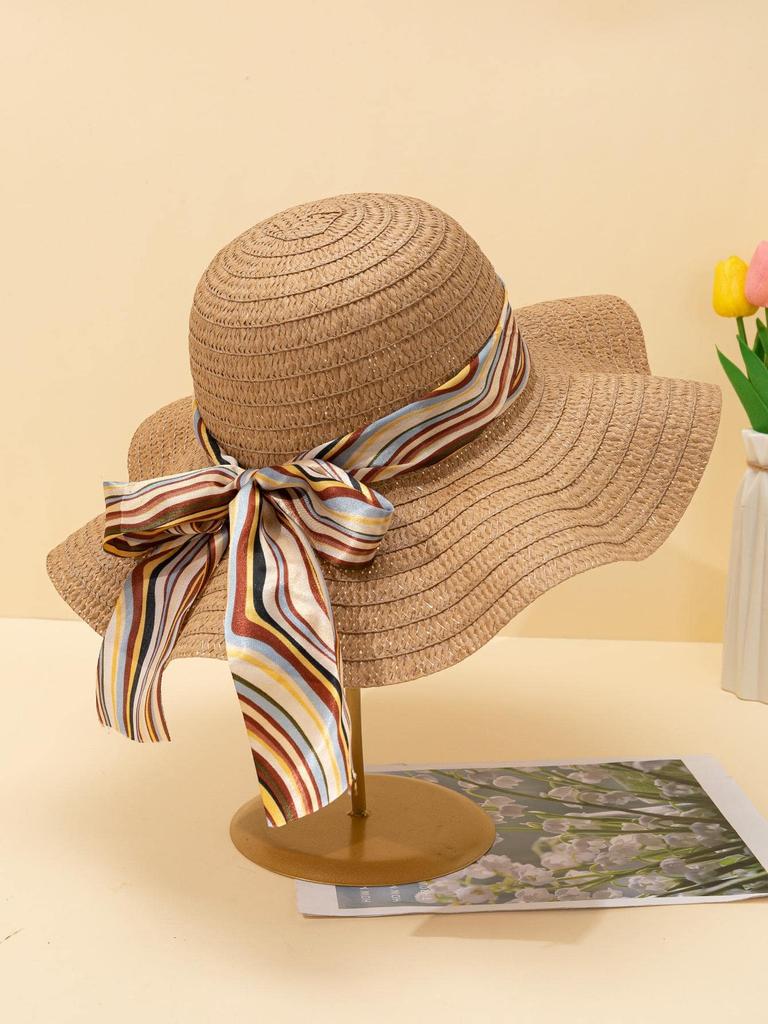 Women Summer White Straw Sun Hat With Polka Dot Bow Beach Travel UV Protection