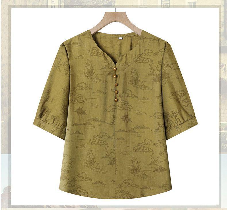 Ethnic Style Cotton Linen Two-Piece Set for Elderly Women - T-Shirt & Pants Summer Outfit