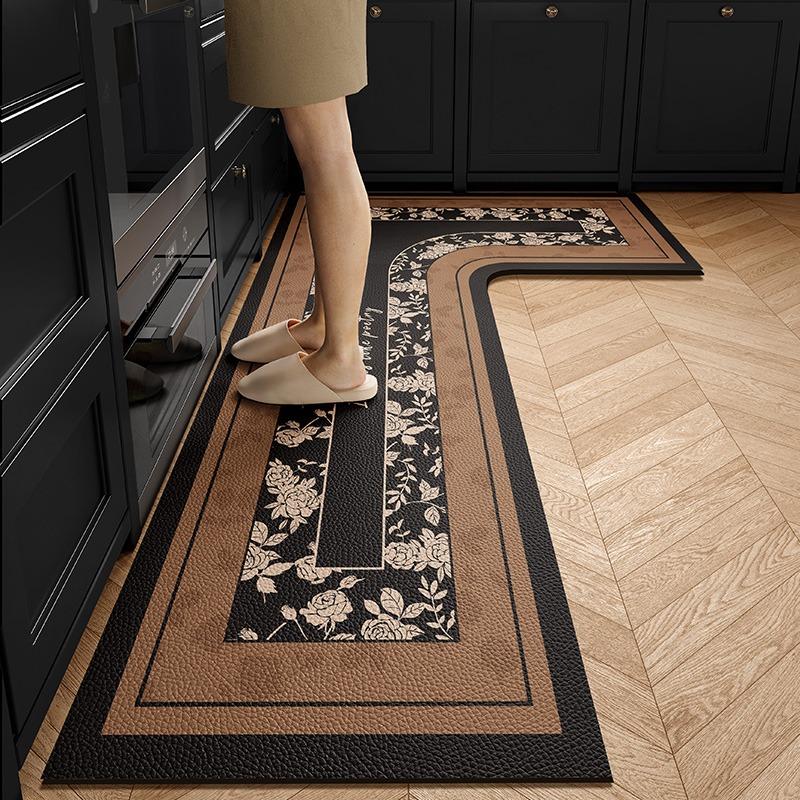 Kitchen Floor Mat PVC Waterproof Non-slip Carpet L Shape Brown Leather Foot Mat Floral Rug Texture Home Decorative Carpets