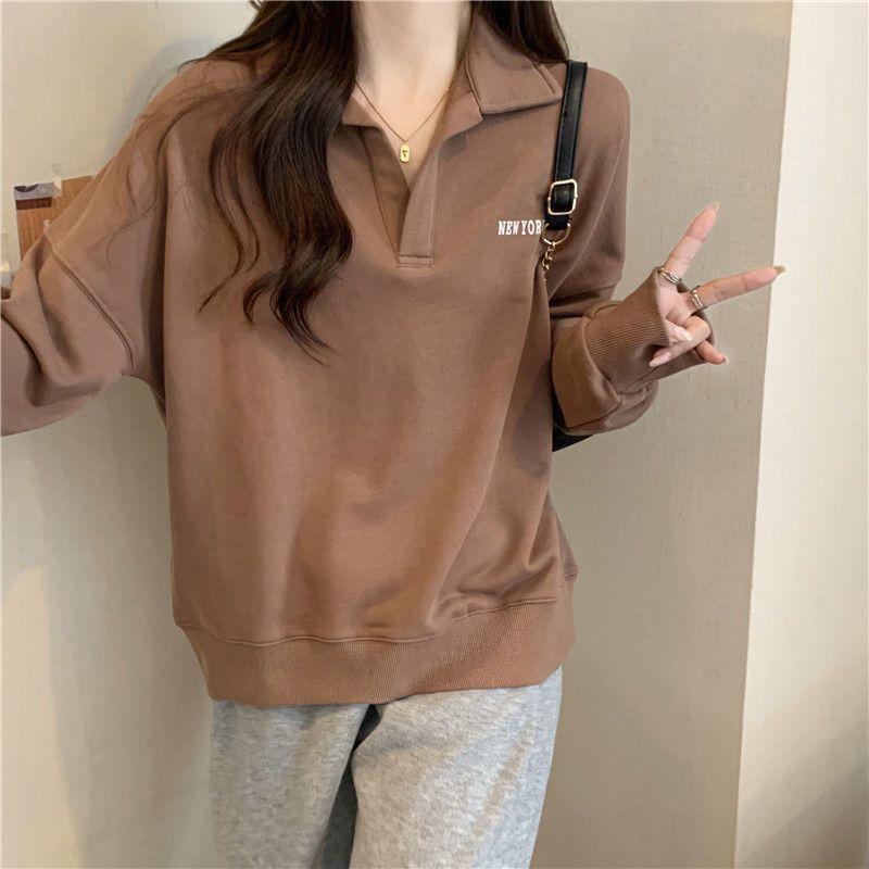 Autumn and Winter Thin Section of Long-sleeved T-shirt Female Polo Shirt Thin Age Reduction Letter Print Loose Hundred Lapel Sweater