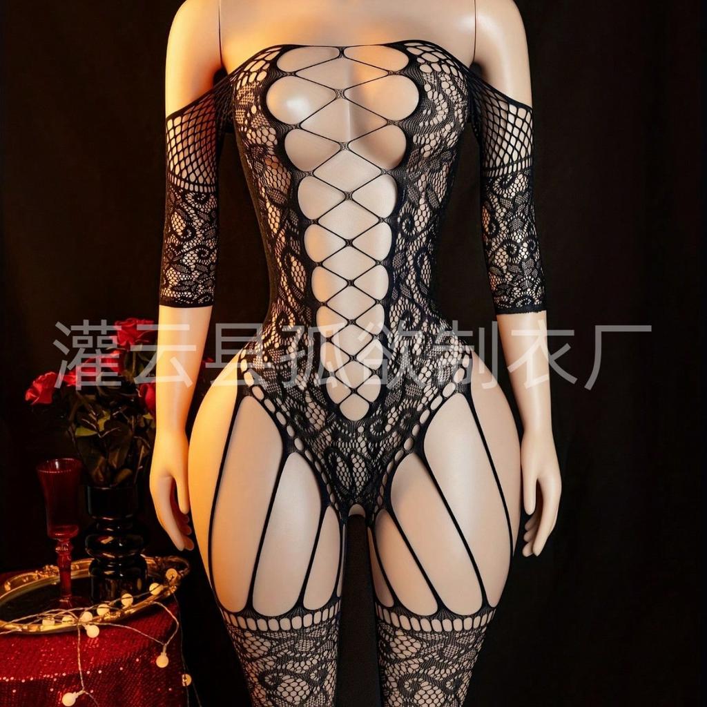 European and American temptation hollowed-out jacquard fishing net one-piece erotic underwear women's sexy transparent large-size hip-wrapped 