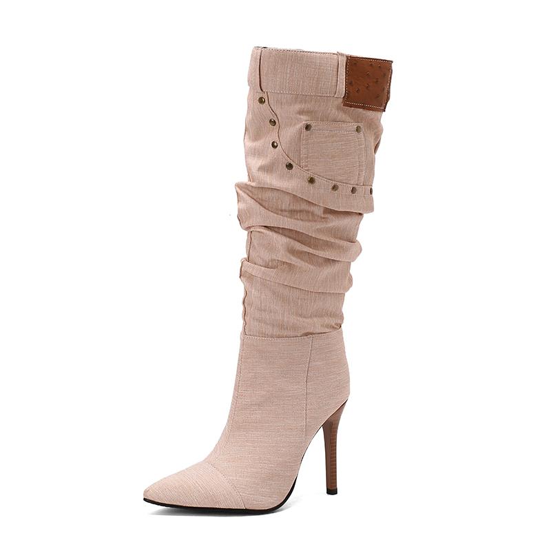 Fashion Women's Autumn and Winter New Pleated High-heeled Short Boots Pointed Zip Knee-length Boots Women's 34-50 Large Mid Length Boots