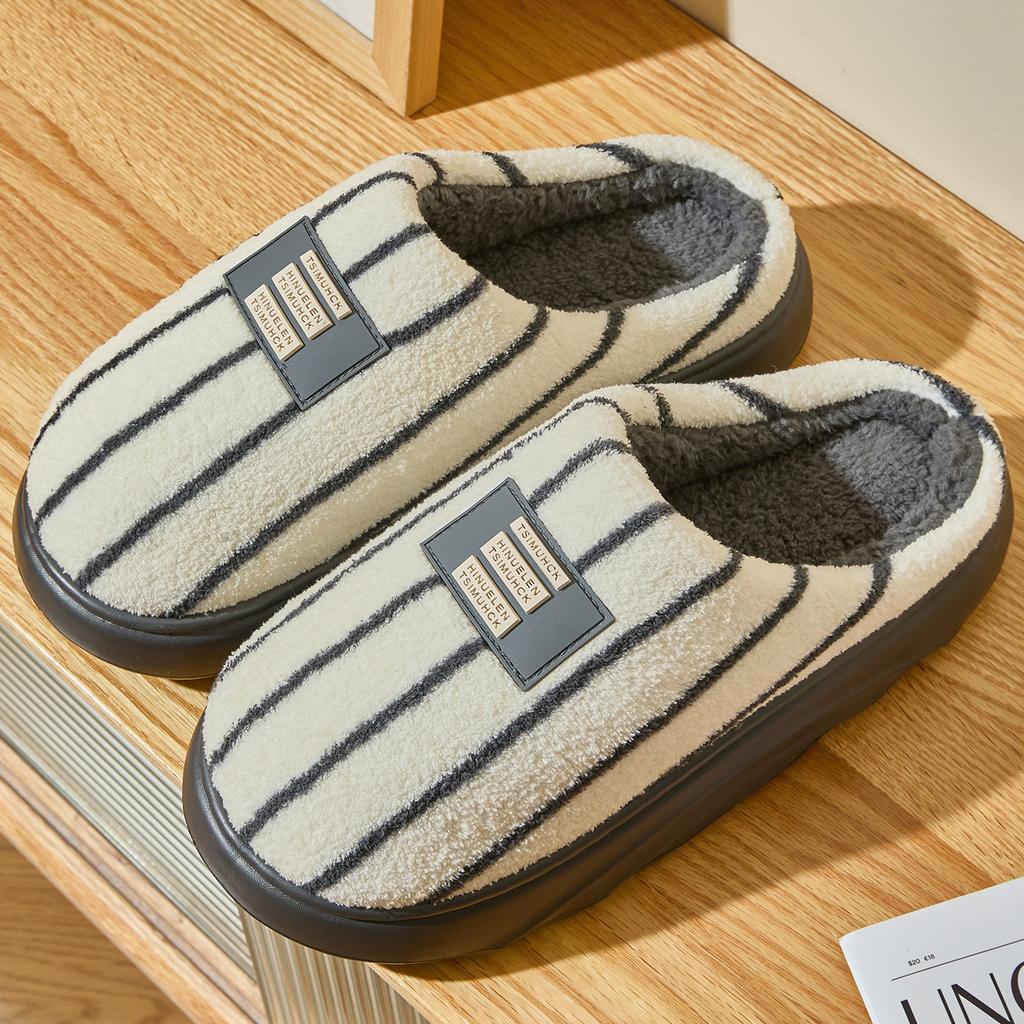 Striped Cotton Slippers Autumn and Winter New Indoor Home Non-slip Thick Bottom Velvet Warm Advanced Couple Cotton Mop