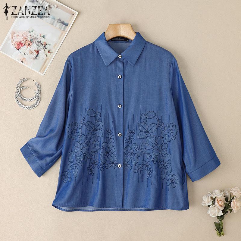 ZANZEA Dame Bluse med nedbrettskrage, 3/4-ermer, løs passform, broderi