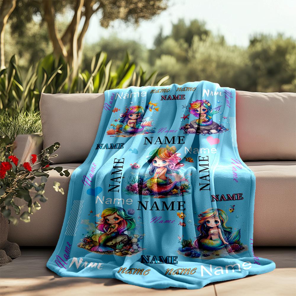 Mermaid Fantasy Ocean Adventure Artwork Design Customizable Outdoor Blanket Personalized Name Soft Warm Cozy Throw For Picnics Outdoor Travel And