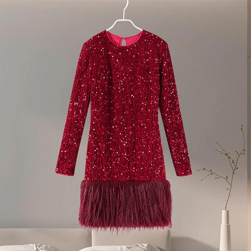 

Элегантное мини-платье бордового цвета с перьями и пайетками, женское облегающее платье с длинным рукавом и высокой талией, женские уличные платья для вечеринок M красный