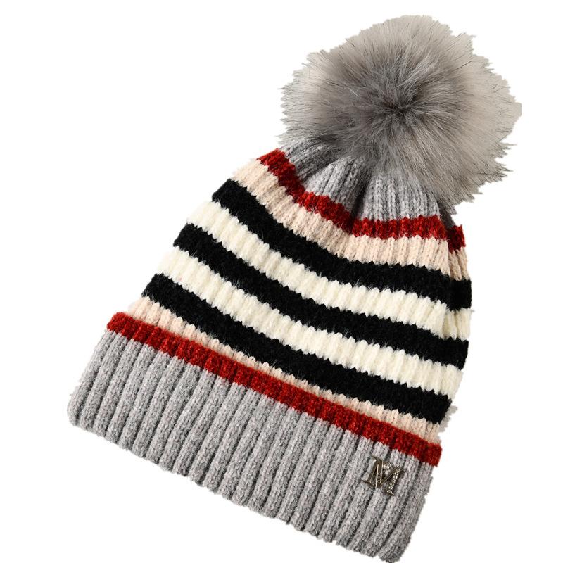 Autumn and Winter Woolen Imitation   Wool Ball Knitted Colorful Striped Hat Warm Ear Protecting Hat  Slimming Face Casual Trendy Hat