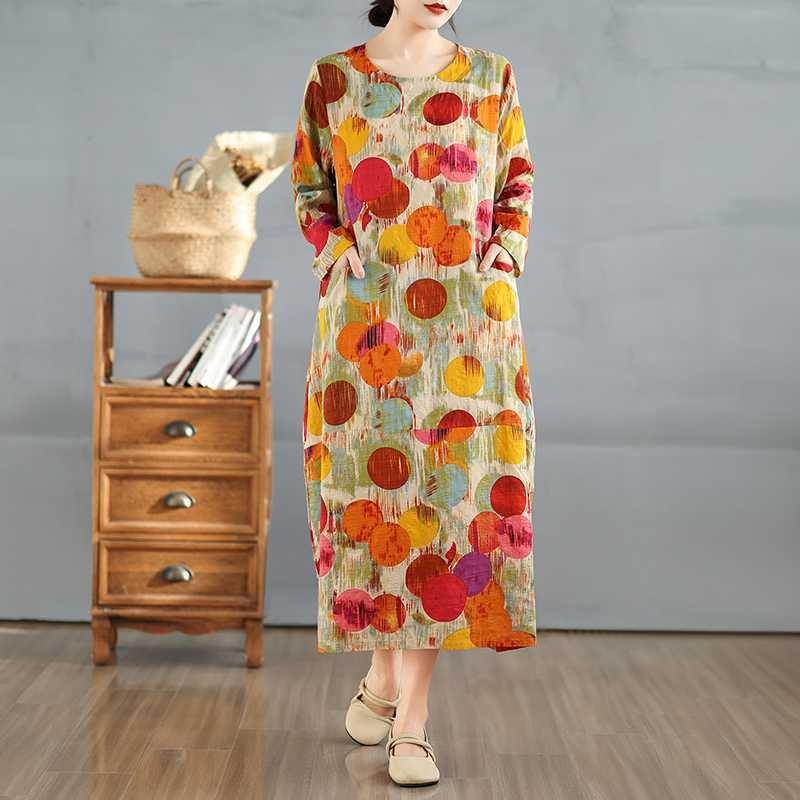2025 New Vintage Printed Round Neck Loose Large Size Long Dresses