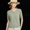 Wudao Women's Tencel Linen Blend Half-Placket Knit T-Shirt