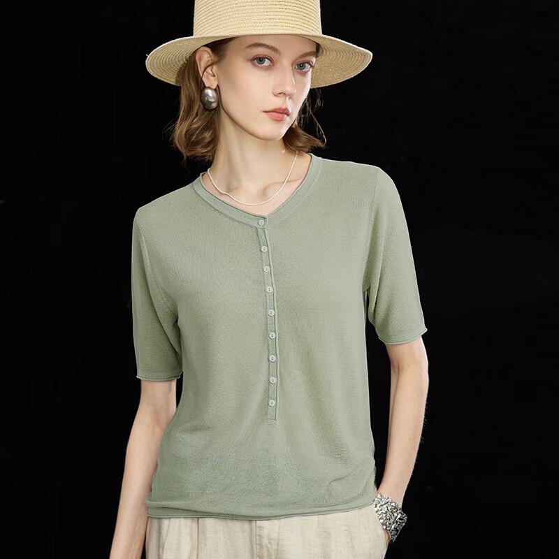 Wudao Women's Tencel Linen Blend Half-Placket Knit T-Shirt