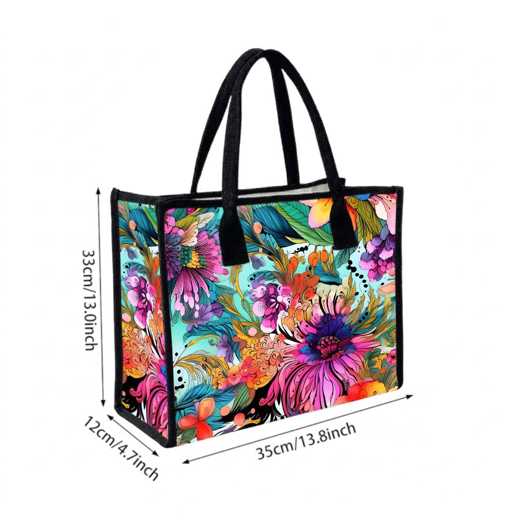 Colorful Floral Pattern Casual Tote Bag Fashion Portable Large Capacity Daily Shopping Handbag