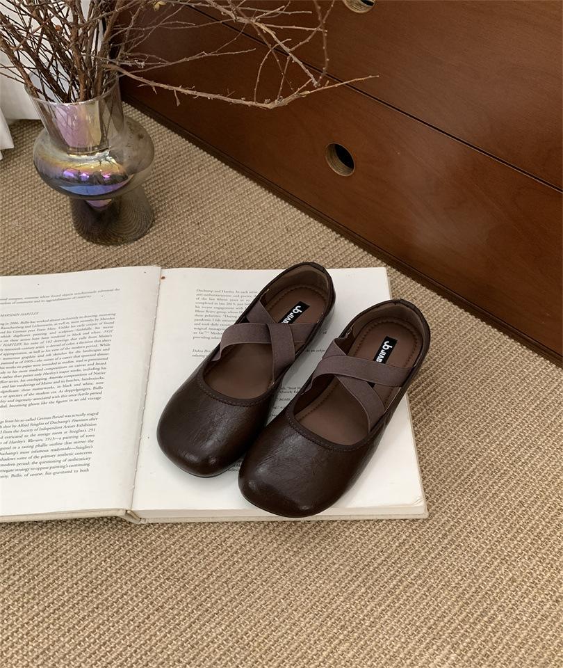 

French retro round head cross strap Mary Jane soft-soled grandma shoes ballet shoes shallow mouth flat-soled single shoes women 39 темно-коричневого
