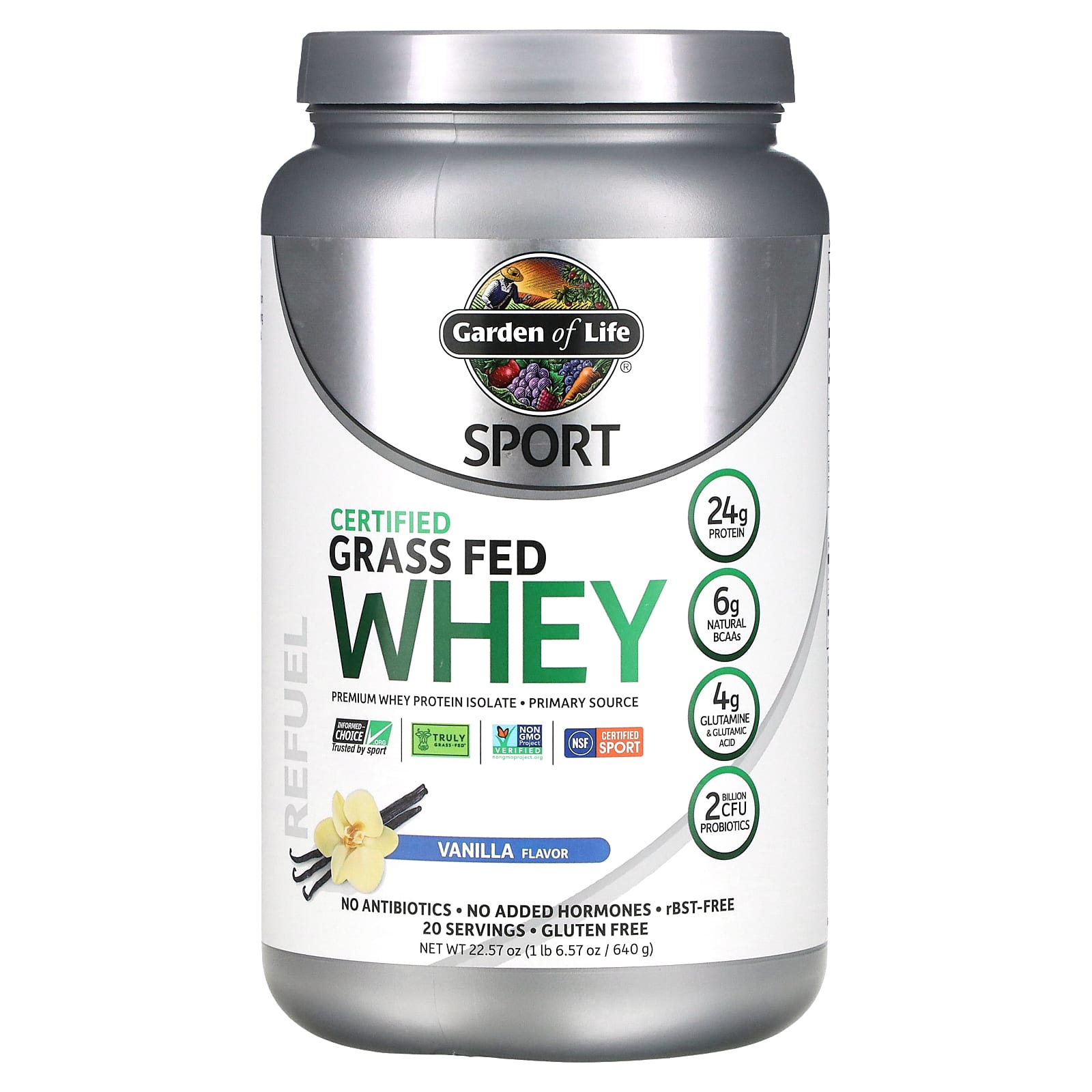 

Garden of Life, Sport, Certified Grass-Fed Whey, Vanilla, 22.57 oz (640 g)
