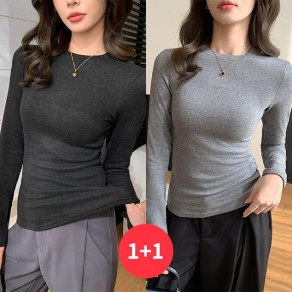 Navava Women Simple Solid Round Neck Fleece Long Sleeve T shirT nT3154