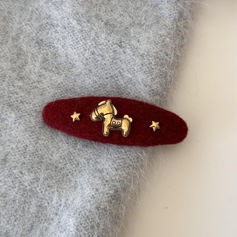 

New Year Red Woolen Small Horse Star Hairpin for Girls with Sweet Forehead and Frizzy Hair BB Clip Ellipse - Pentagon Star