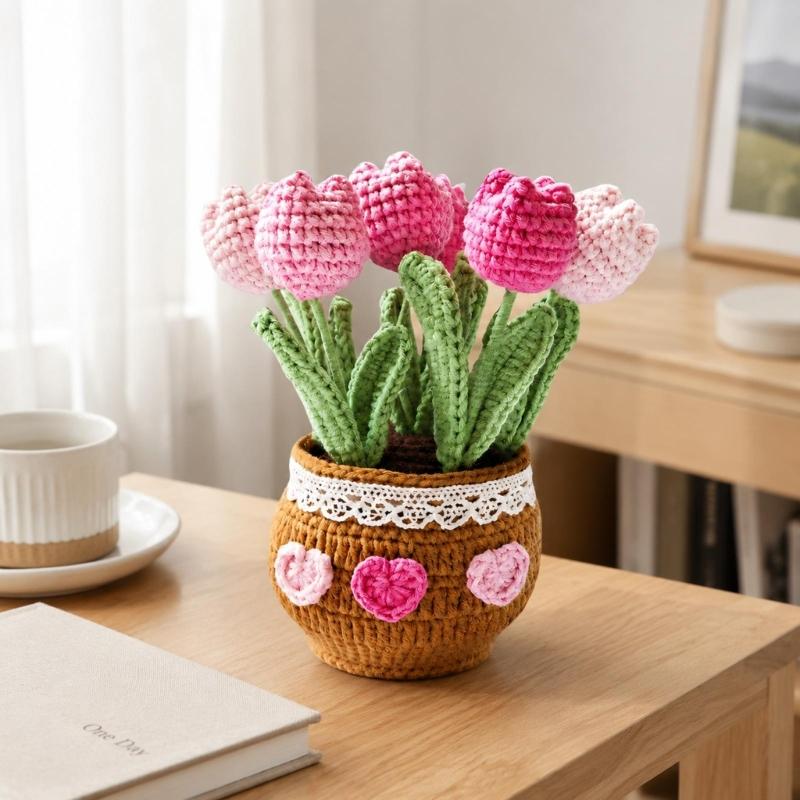 Potted Crochet Tulips Decors with Handcrafted Yarn Texture, Handmade Knitted Potted Flower for Tabletop Display, Gift for Women
