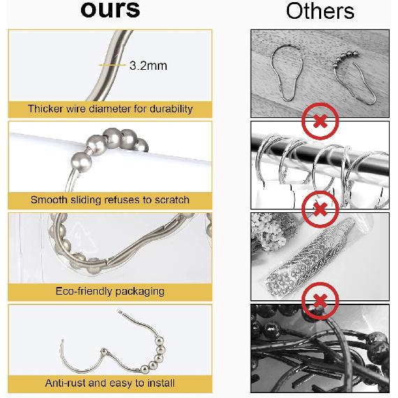 Shower Curtain Hooks, SUTINE 12Pcs Shower Curtain Rings, Stainless Steel Snap Closure Black Shower Curtain Hooks, Roller Glide Rustproof Shower Hooks