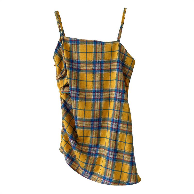 2024 Summer Orange Retro Color Block Plaid Irregular Camisole Sleeveless Top