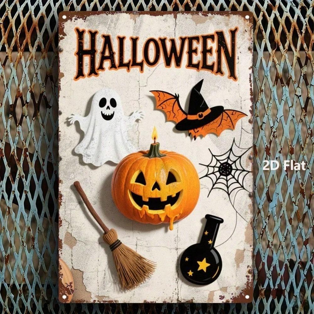 1pc Halloween Metal Sign 8x12in Pumpkin Ghost Broom Vintage Wall Decor for Home Office Gym Bedroom