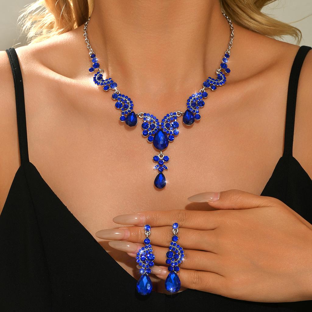 Cross border retro style creative fashion luxury diamond inlaid flower leaf multi-color necklace earring set for women