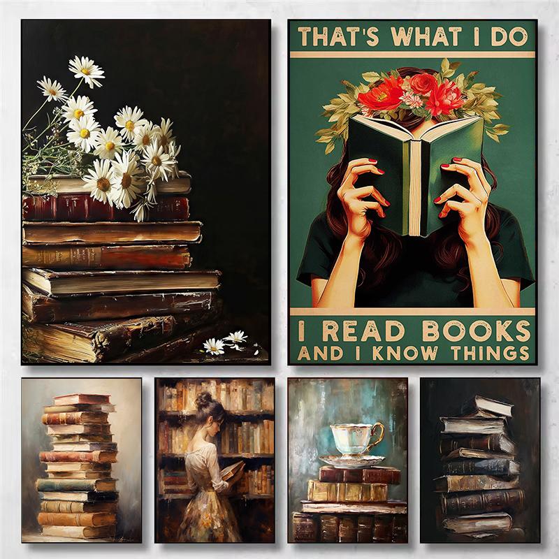 

Vintage Elegant Lady Reading Stack of Books Motivational Quotes Poster Canvas Painting Wall Art Picture Room Home Decor 21cm×30cm NoFrame