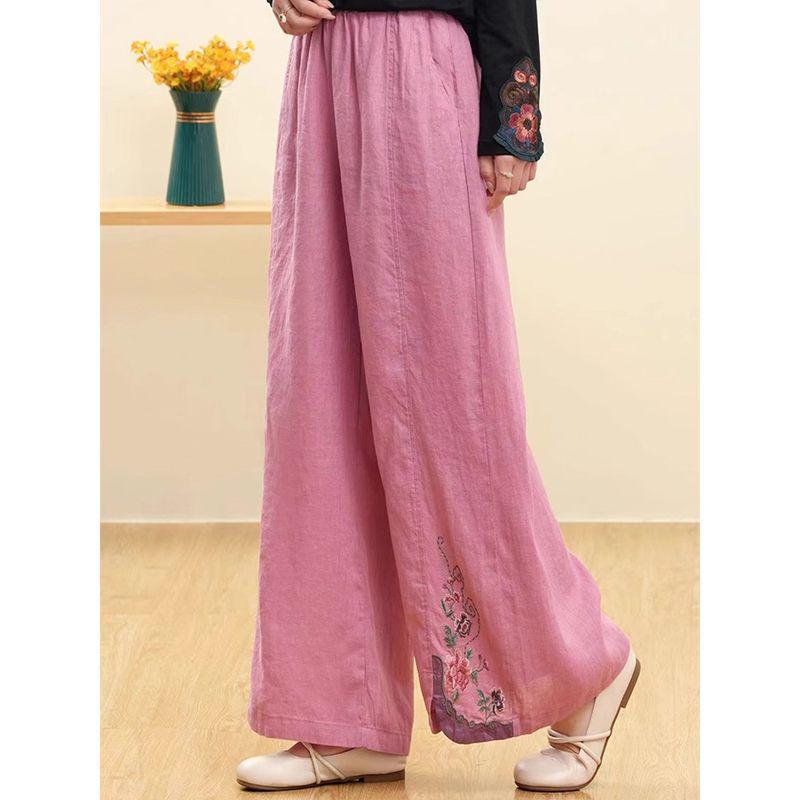 Women's Retro Embroidered Wide-Leg Cotton Linen Pants with Elastic Waist