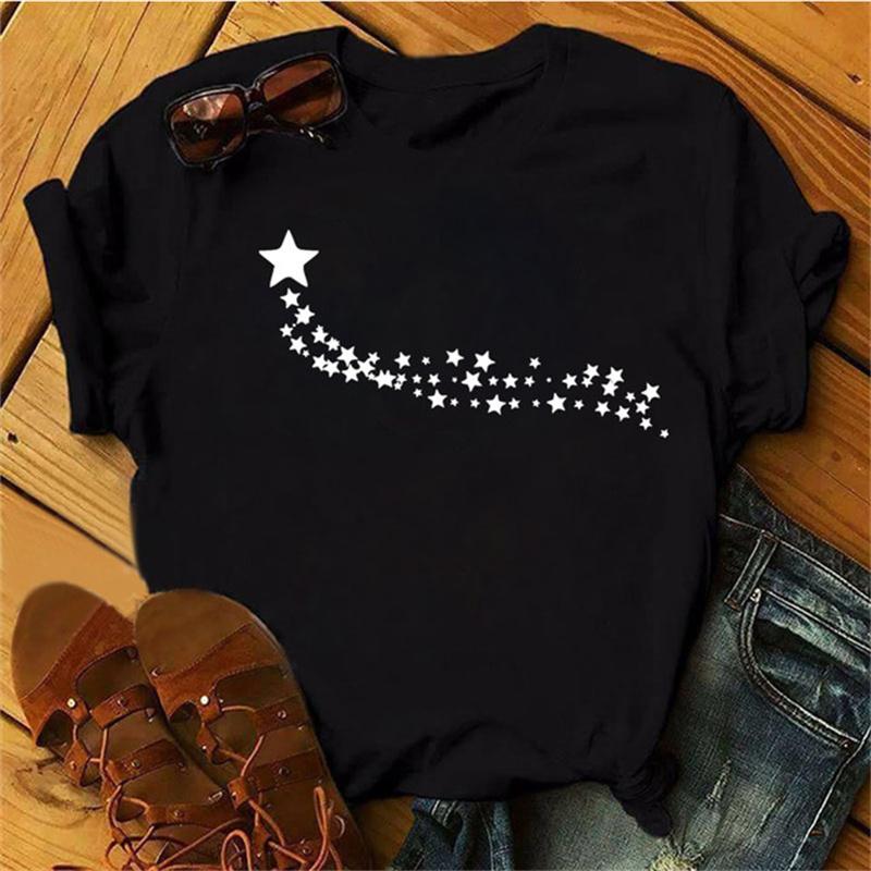 

Maycaur Woman Star Moon Print Harajuku Летние футболки Повседневная футболка с круглым вырезом и коротким рукавом Женская черная футболка Прямая поставка XXL
