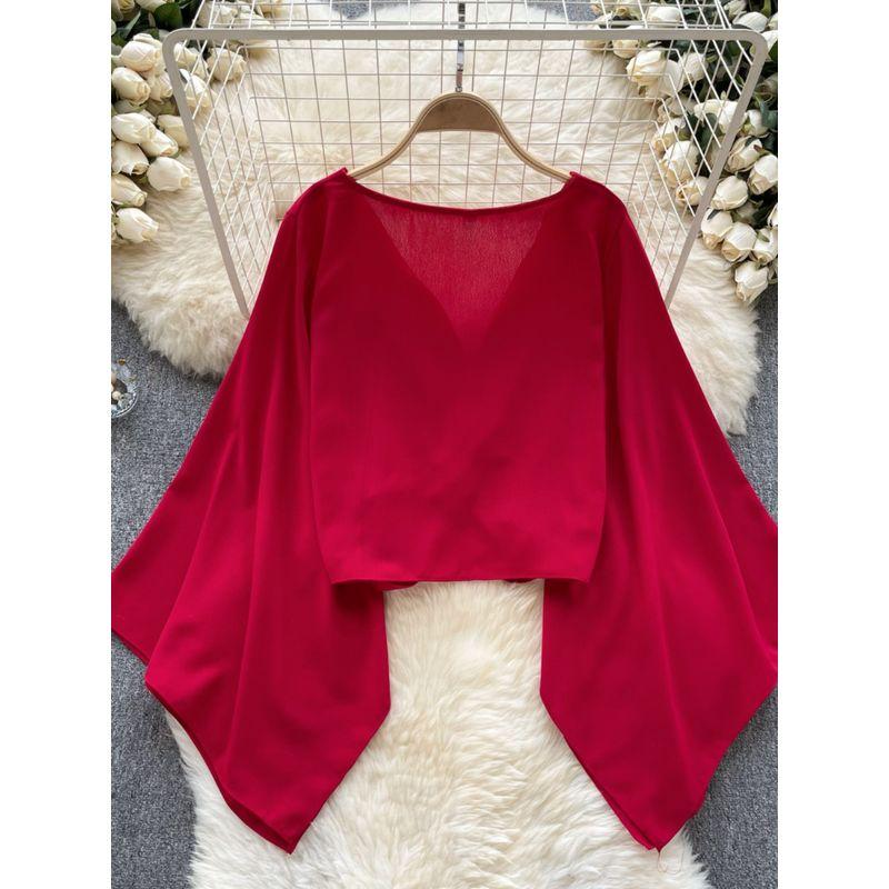 Niche Style V-neck Knot Flared Chiffon Long Sleeves Shirt