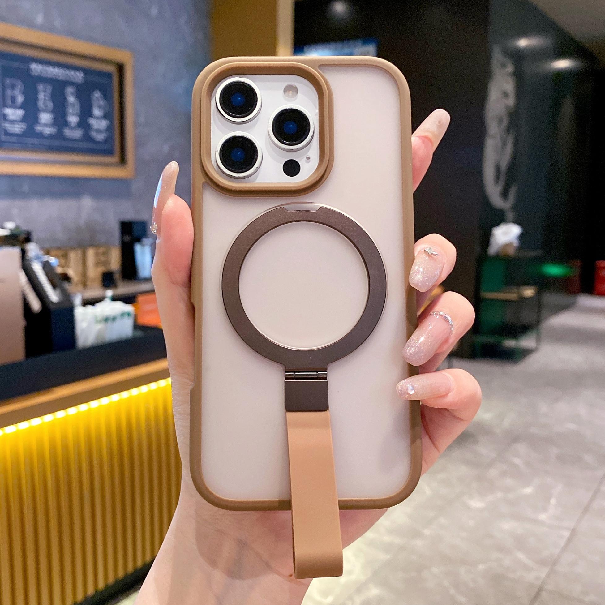 

For iPhone 16 Pro Case TPU PC Phone Back Cover with Integrated Lanyard Metal Kickstand Desert Gold