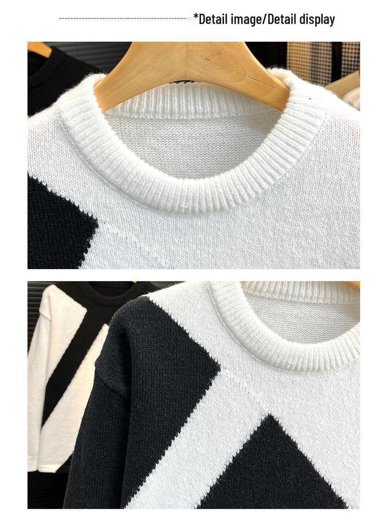 Pulover nou Brand Tide cu gât rotund, cu bloc de culori alb și negru - Pulover de cuplu cu mânecă lungă pentru bărbați