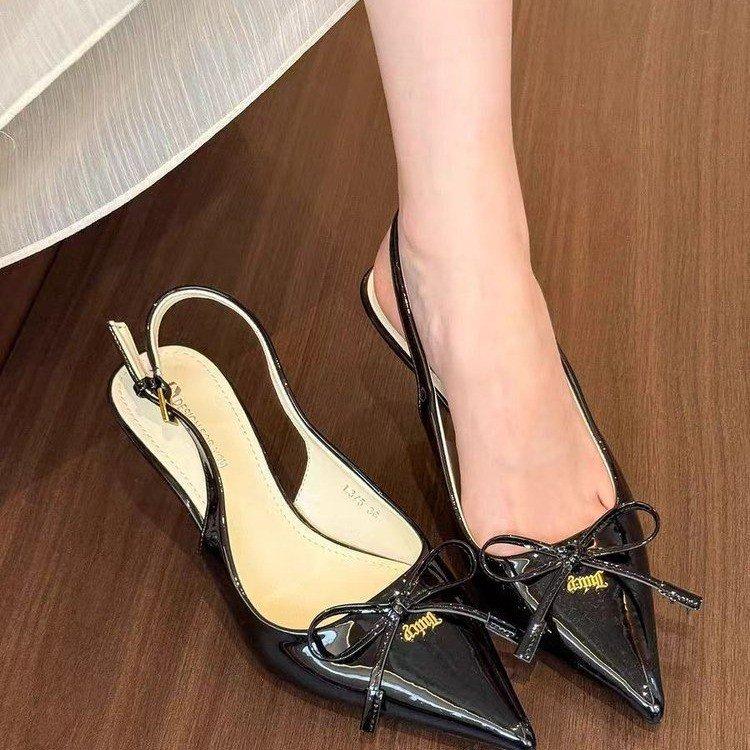 Mori women niche single shoes 2025 spring and summer new red bow pointed high heels simple empty bag head sandals