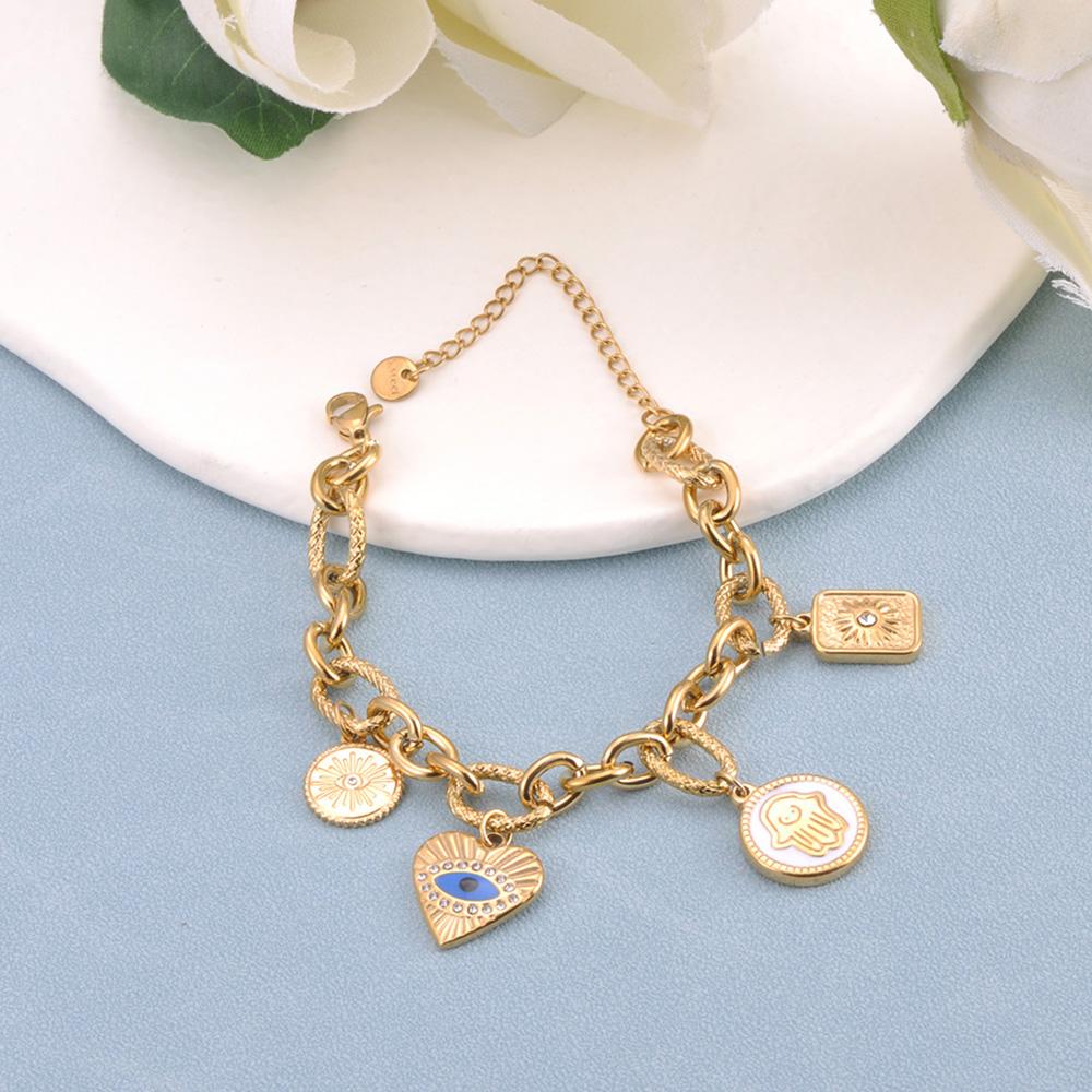 Bracciale con Charm Spirituale Lokaer Color Oro Acciaio Inossidabile Catena con Sole Occhio Maligno e Mano di Fatima per Donne Gioielli Protettivi B25057