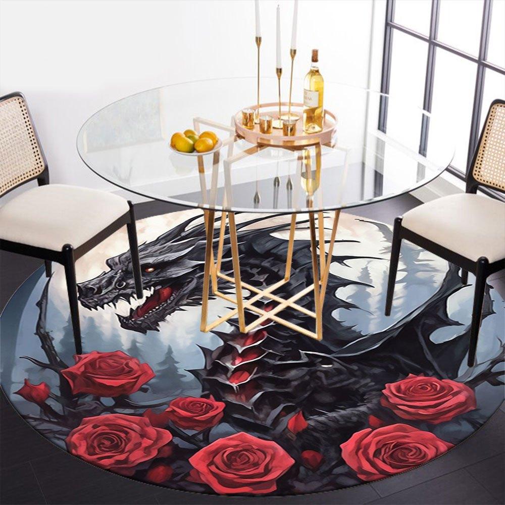 Black Dragon with Red Roses Circular Wall Art PrintRound Non-Slip chair mat chair carpet for office Rugs for Office Decor Gift For Valentine's Day Mot