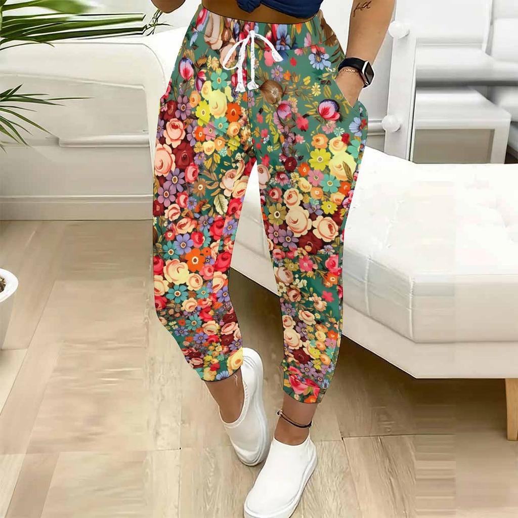 Summer Ladies Colorful Floral Prints Printed Sweatpants Loose Fit Drawstring Joggers Elastic Cuff Daily Casual Pants