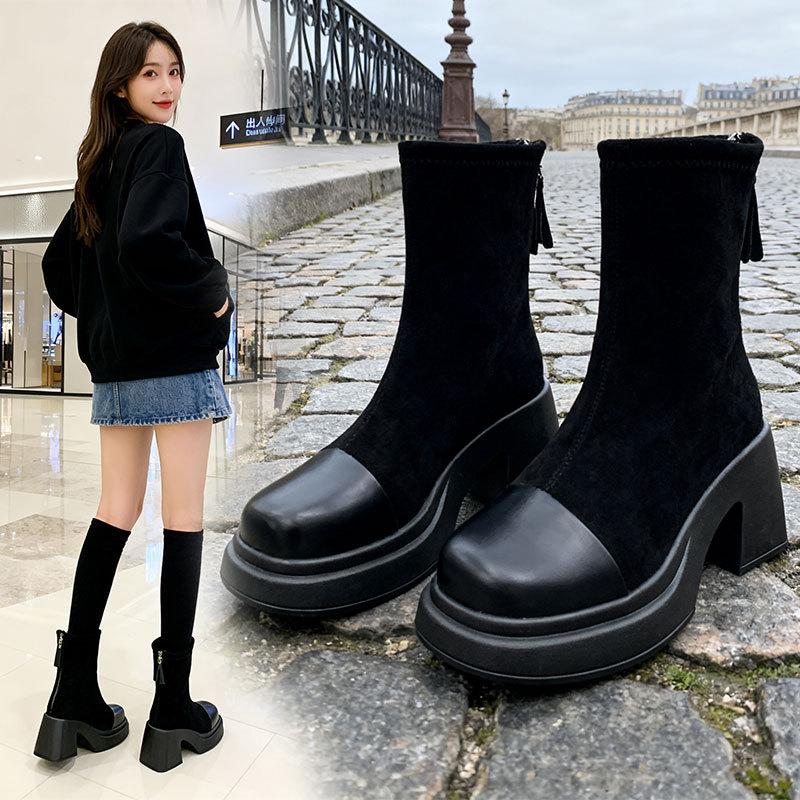 European spring and autumn high-heeled short boots for women's new small men show height, autumn and winter thin with skirts, thick-soled Martin boots
