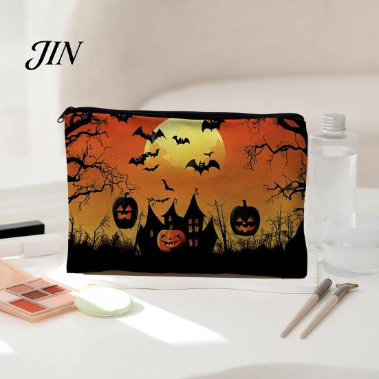 Durable Canvas Organizer for Travel Halloween Storage Bag, with Pumpkin Ghost Print, Washable Makeup Large Capacity Pouch, And Stationery Compact