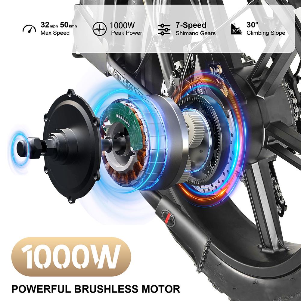 Elektrofahrrad Faltbar EMOKO C94 20" 1000W Motor City Ebike 48V 35AH Maximale Reichweite 200 km 7 Gänge Schwarz