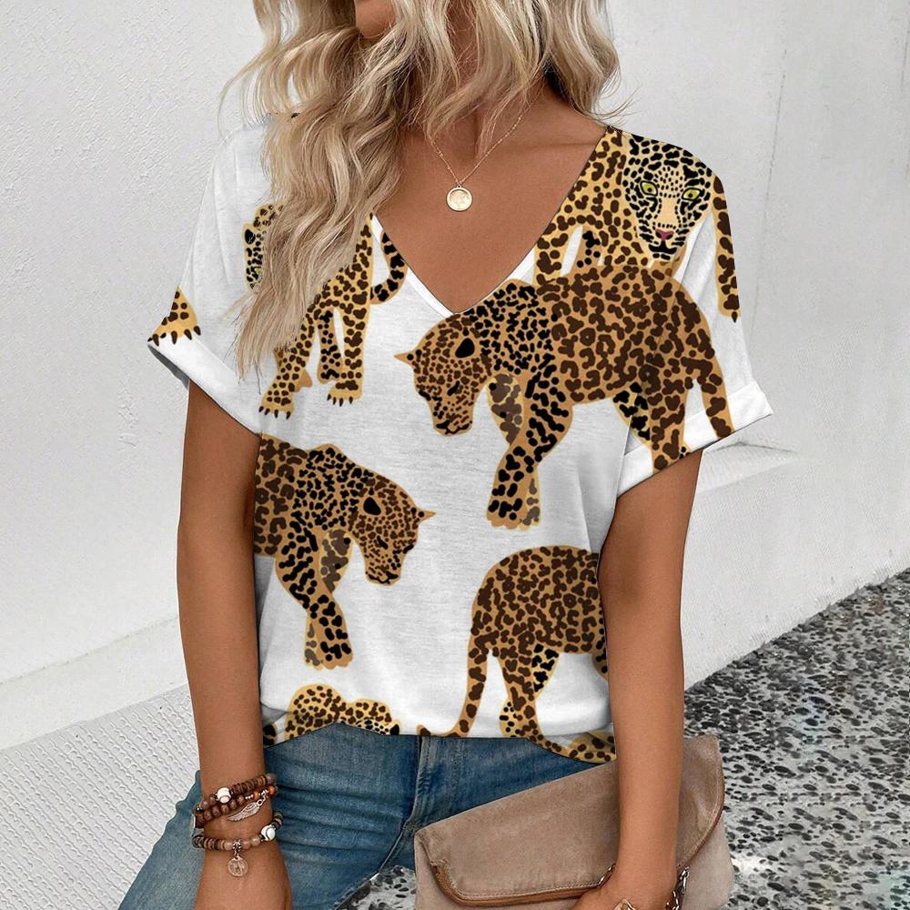 Summer V-neck 3D Leopard Print Pattern Printed Top Fashionable Casual Short Sleeved Women's T-shirts