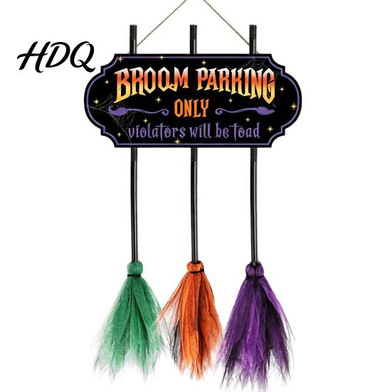 Halloween Door Hanging Sign Broom Parking with 3 Witch Brooms Hocus Pocus Themed Wooden Sign Easy Festive Wall Art Funny Pendant for Front