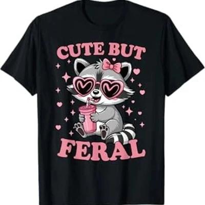 Cute But Feral Funny Pink Racoon With Glasses Toddler Girls T Shirt Vintage Casual Designer Clothes Soft Slightly