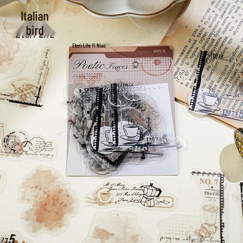 Yi Niao Ink Mark Retro PET Stickers – 6 Styles for Journals & Collages