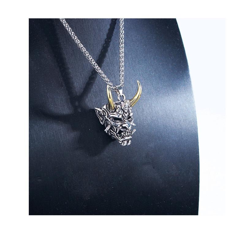 Vintage Golden Horn Hannya Ghost Mask Pendant Men Long Hip Hop Sweater Necklace